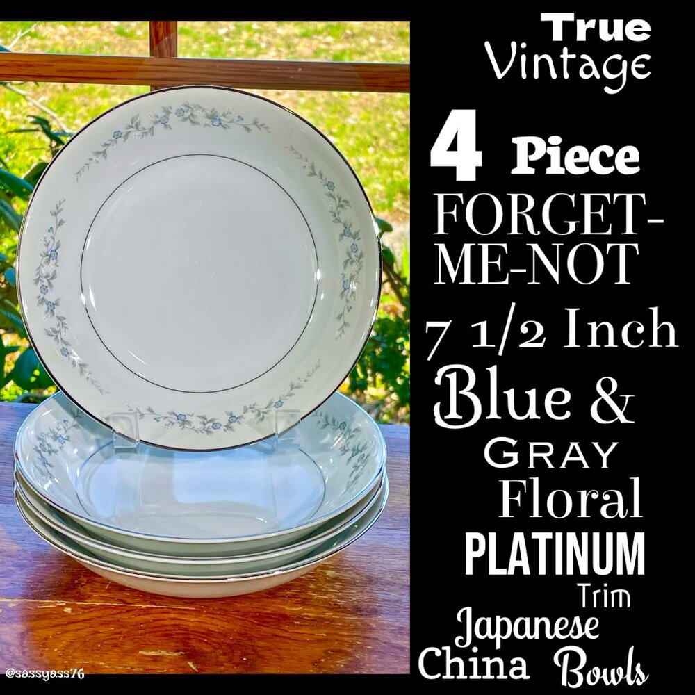 ▪️VTG▪️FORGET-ME-NOT▪️4 Piece 7.5" Blue Gray Floral Platinum Fine China Bowls